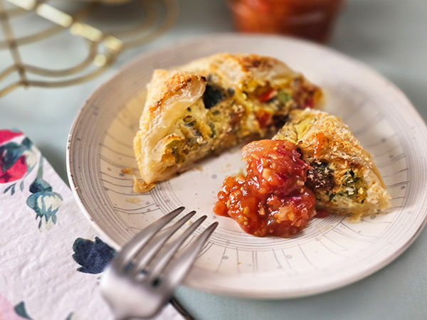 野菜とチーズのサクサクパイとトマトのレリッシュ