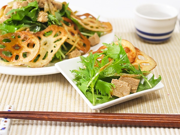 豆腐のおつまみフォアグラ風と水菜のサラダ